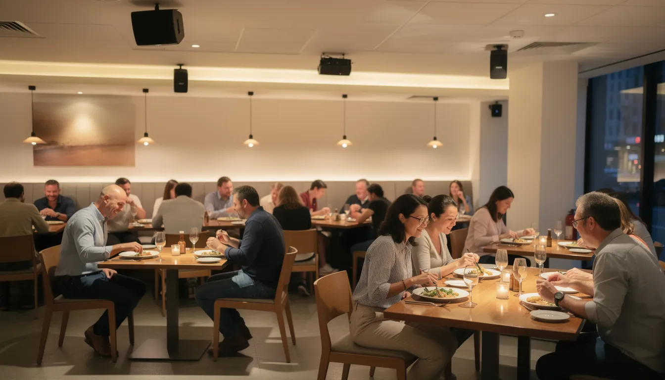 The image shows a bustling restaurant dining room filled with customers seated at tables, while overhead speakers provide background music to enhance the dining experience. This setting exemplifies a business environment where curated playlists and licensed music create the perfect atmosphere for enjoying meals and socializing.