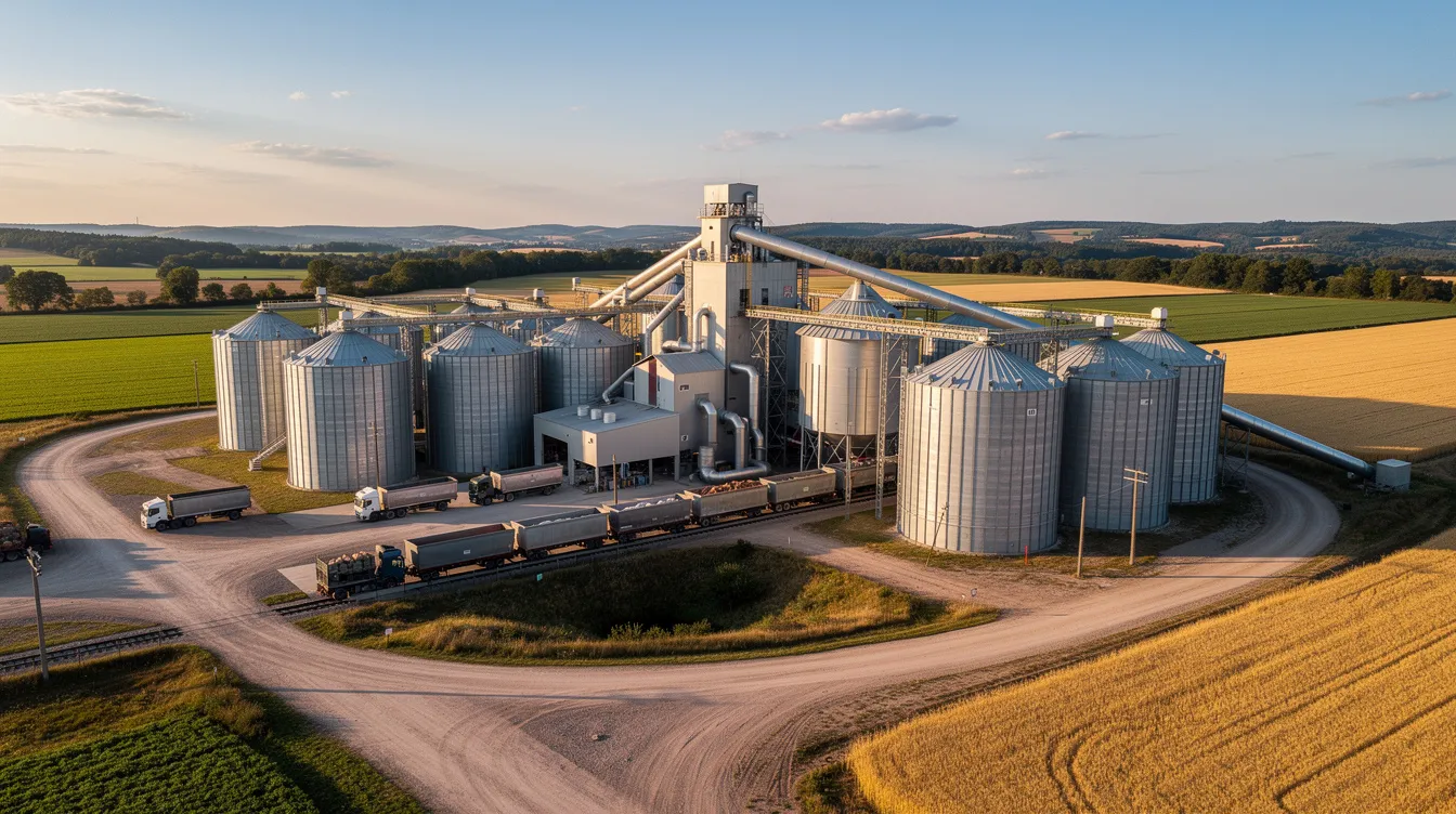 892c8efd cca4 4860 b213 1b2f275c9724 The image depicts an industrial grain processing facility featuring large silos and extensive conveyor systems set against a rural landscape. This maize processing plant is integral to the maize wet milling process, producing essential products like corn starch and maize germ oil while contributing to the food industry's operational efficiency and sustainability.
