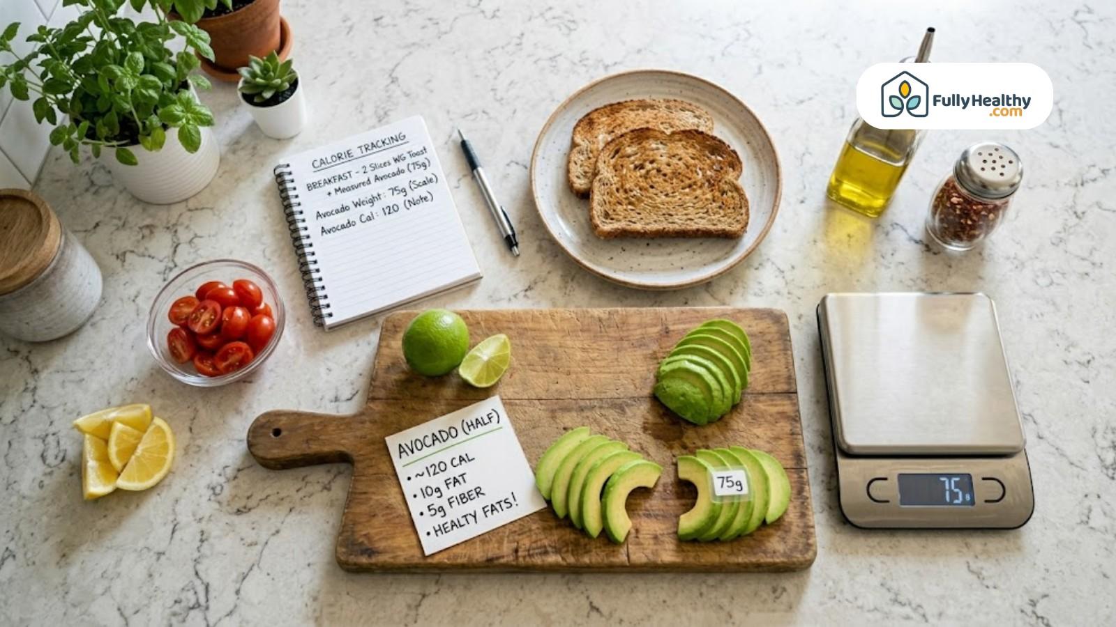 Avocado slices weighed on scale with calorie tracking notes and ingredients