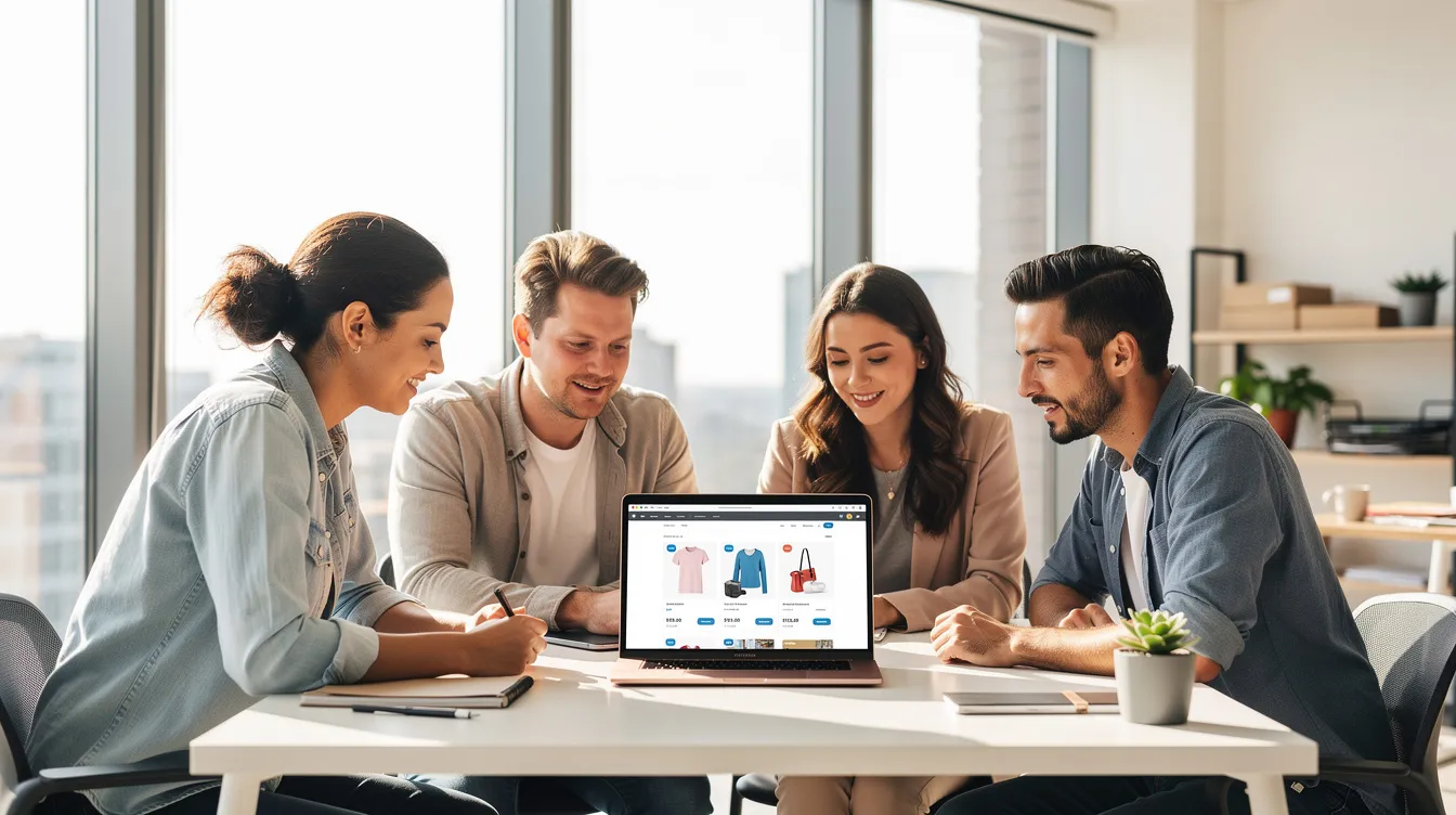 In a bright office, a small ecommerce team is engaged in a discussion while looking at a laptop screen, likely analyzing data related to conversion rate optimization and marketing principles to improve their website's conversion rates. The atmosphere is collaborative, as they explore practical advice and real-life examples to boost conversions for their ecommerce website.