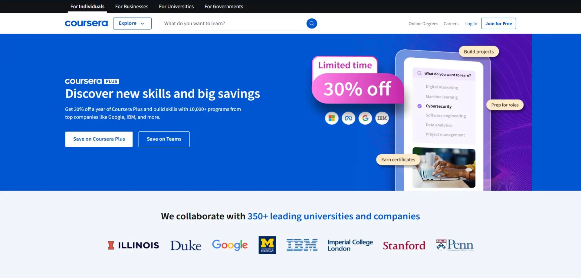 Homepage of Coursera website