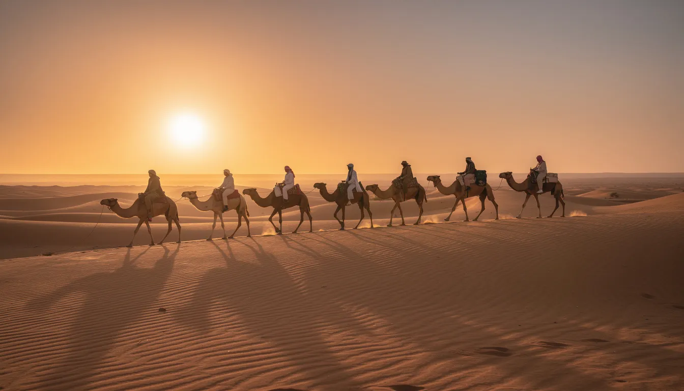 A group of travelers rides camels across golden sand dunes at sunset, casting long shadows against the vibrant backdrop of the sky. This scene captures the essence of adventure and exploration, reminiscent of the incredible destinations found in Marrakech, Morocco, known for its rich Moroccan culture and stunning landscapes.