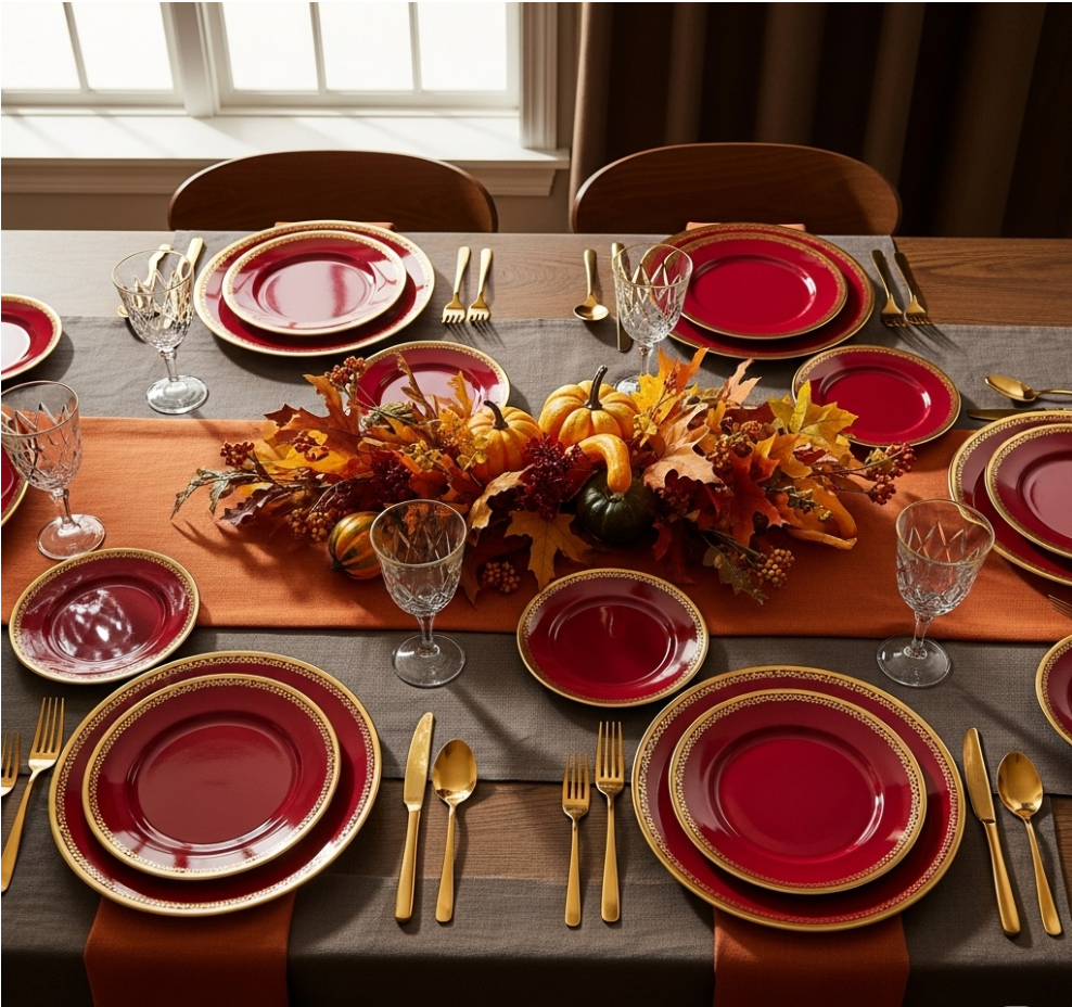 Instead of white, opt for deep red plates featured prominently, celebrate the best ideas for fall and thanksgiving with these place settings, thanksgiving essentials