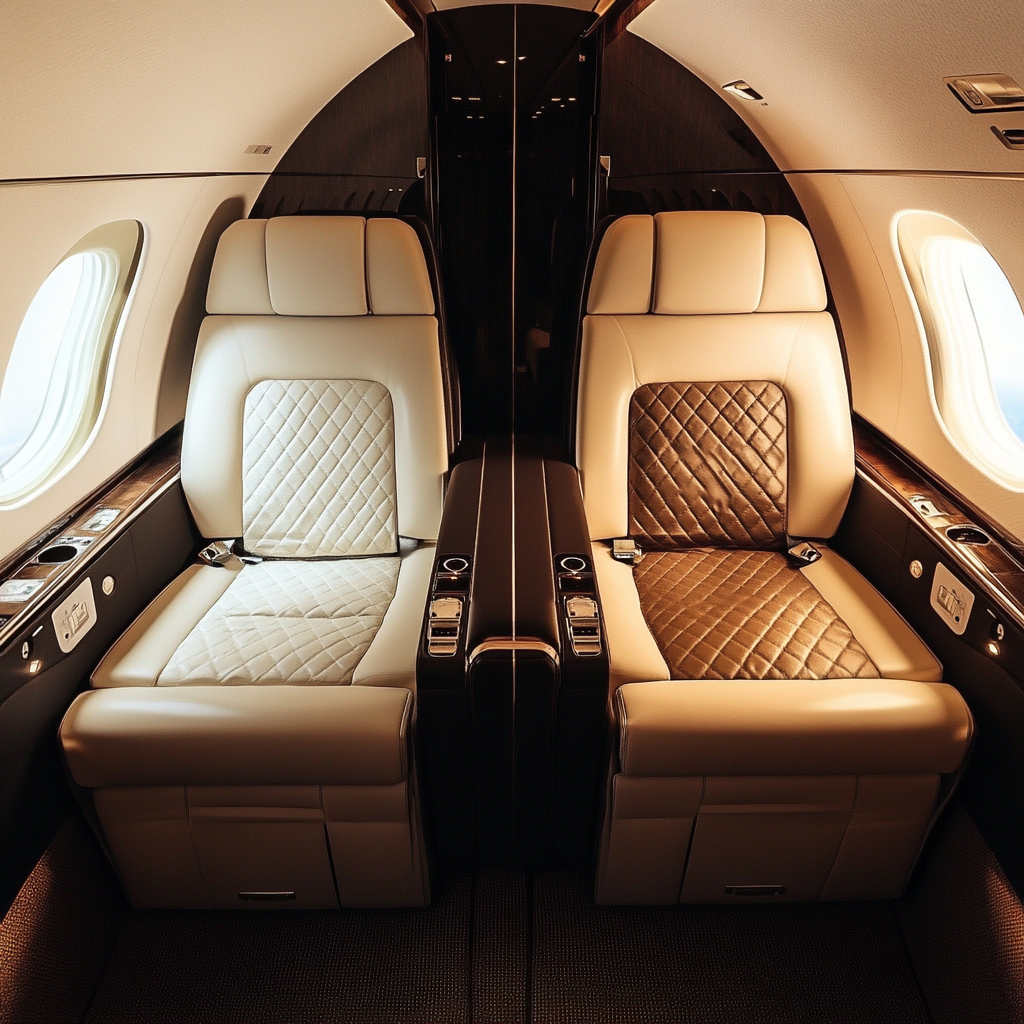 A private jet vs first class seating arrangement comparison.