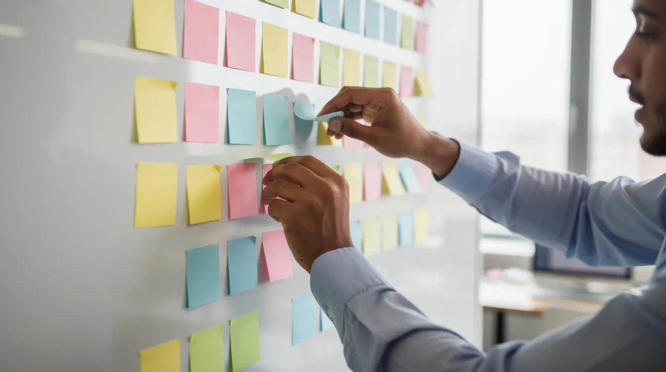 Des mains placent des notes adhésives colorées sur un tableau blanc pour organiser des processus.