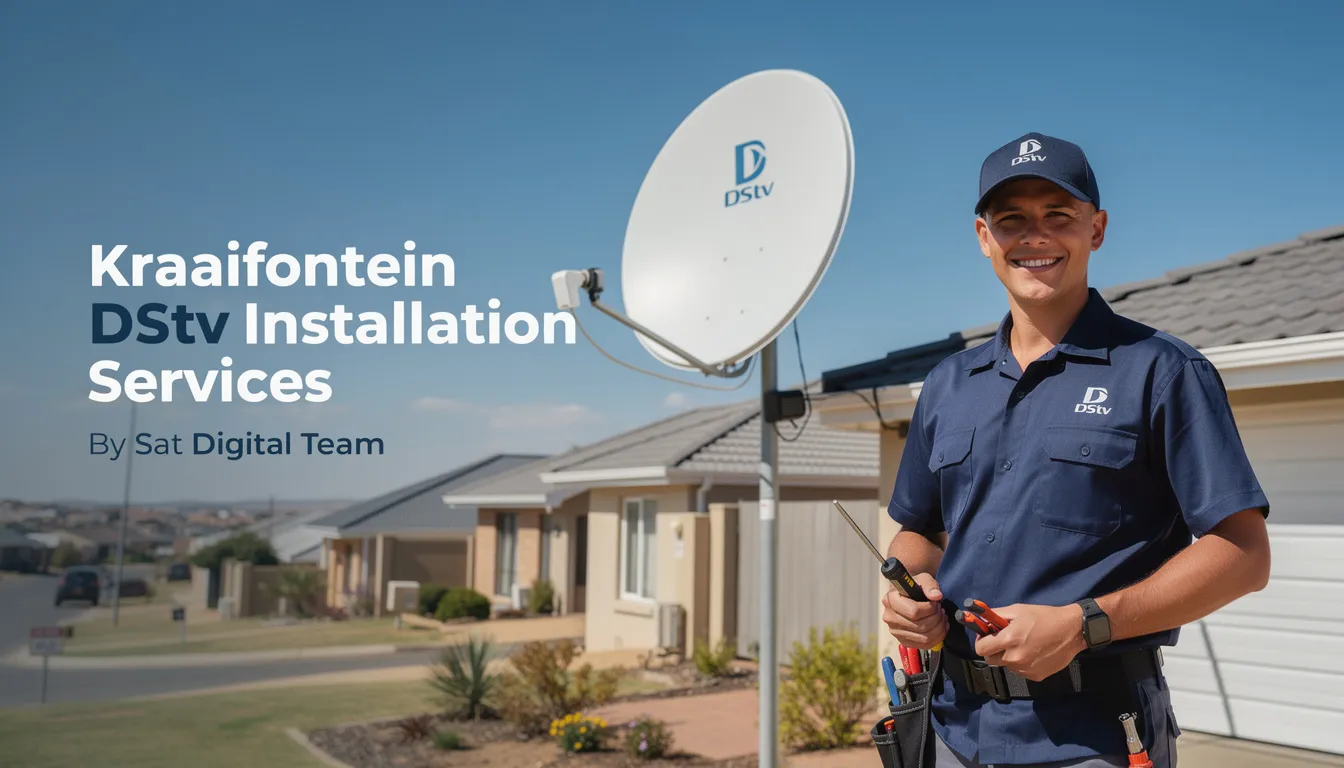 The image showcases the professional DStv installation services offered by the Sat Digital Team in Kraaifontein, featuring experienced technicians setting up a DStv dish and decoder for optimal signal reception. Their services include troubleshooting DStv problems and ensuring a high-quality viewing experience for clients.