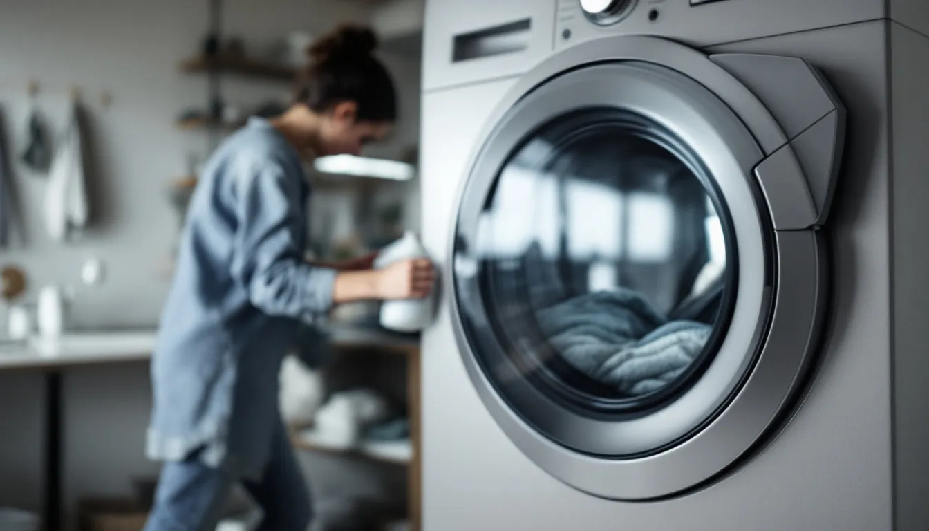 . The image depicts a person cleaning a washing machine, focusing on the interior of the drum. They are using vinegar and baking soda to eliminate unpleasant odors and residues, highlighting the importance of regular cleaning of the washing machine to maintain its efficiency and extend its lifespan.