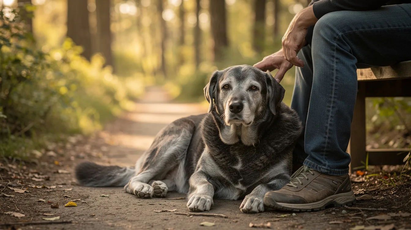 Ein älterer Hund, ein treuer Begleiter, ruht friedlich neben seinem Besitzer auf einem ruhigen Spazierweg und genießt gemeinsam einen Moment der Ruhe. Diese Szene fängt die Freude ein, Zeit mit einem pelzigen Freund zu verbringen, und betont die bedingungslose Liebe, die mit der Adoption eines Hundes einhergeht.