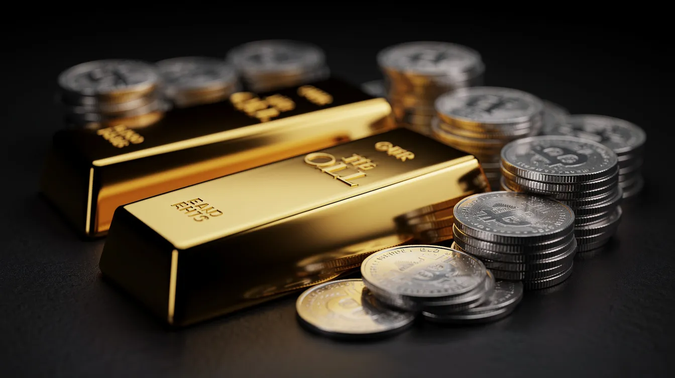 The image features an arrangement of shiny gold bars and various silver coins, including the lion gold coin and silver Canadian polar bear, displayed on a dark surface, highlighting the allure of precious metals as tangible assets for investment. This visual representation underscores the value of physical gold and silver in retirement accounts and the precious metals industry.