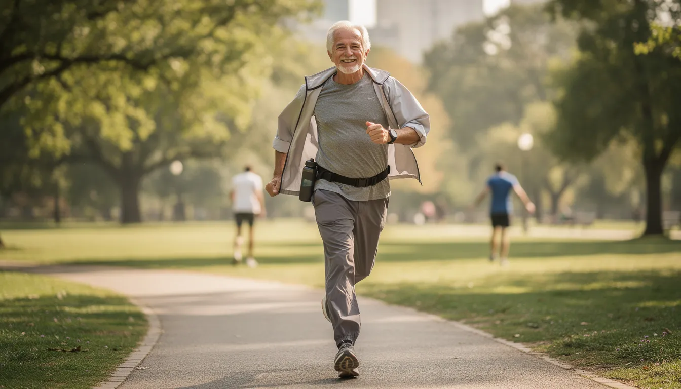 An older adult is exercising outdoors in a vibrant park, embodying the concept of active healthy aging. This scene highlights the importance of maintaining metabolic health and cellular energy as one ages, emphasizing the benefits of physical activity for cardiovascular health and overall well-being.