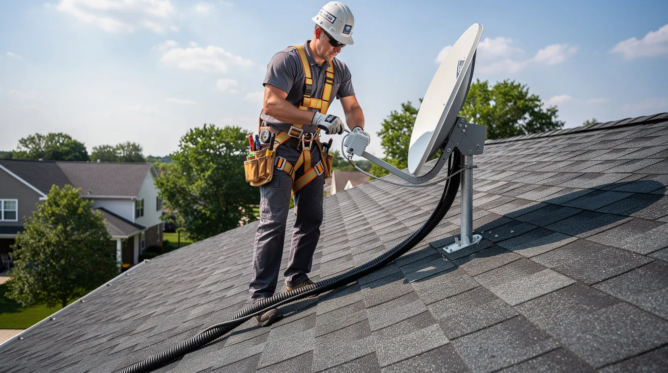 A technician is seen adjusting the alignment of a satellite dish on a residential rooftop, ensuring optimal signal strength for the DSTV installation. The technician focuses on the correct decoder settings to avoid any signal problems and to provide a seamless viewing experience.