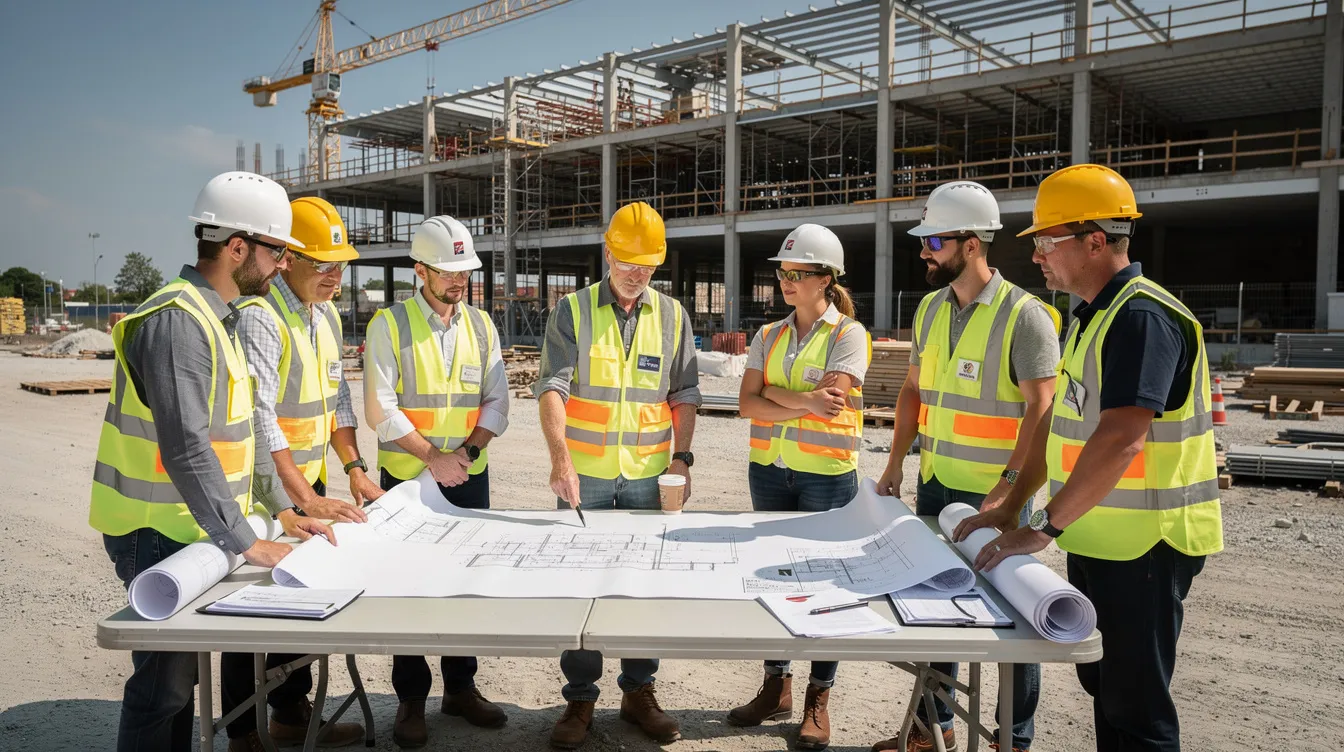 A group of construction professionals in hard hats gathers outdoors at a job site, reviewing documents related to their current project. They are discussing aspects of project completion and financial reporting, ensuring accurate estimates of costs incurred and revenue recognition in line with generally accepted accounting principles.