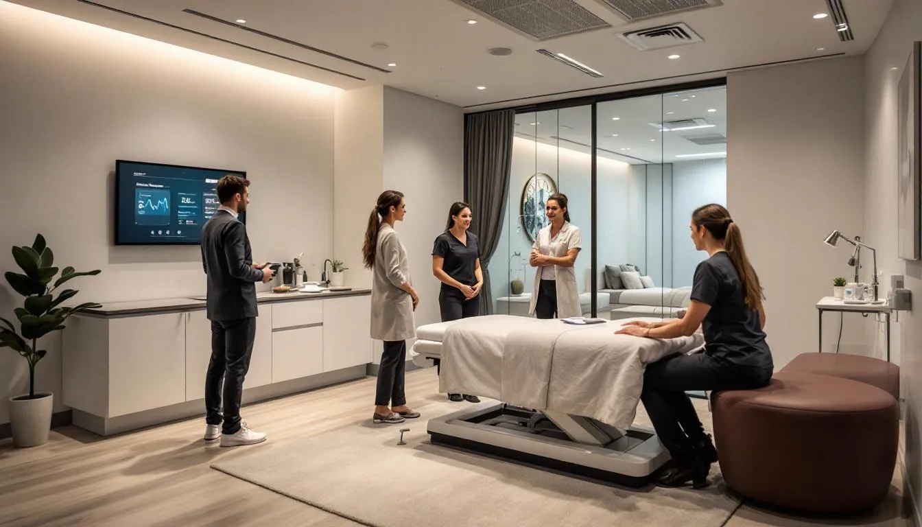 A group of expert physiotherapists collaborating in a treatment room 