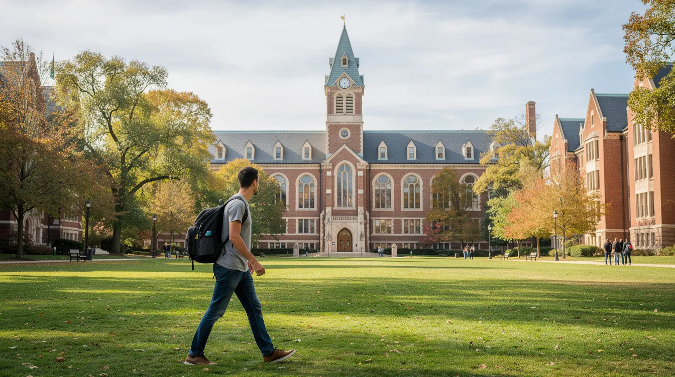 A student with a backpack is walking across a lush green university campus, with historic buildings in the background, symbolizing the vibrant academic life in the UK. This scene reflects the opportunities for international students navigating UK visas and immigration processes.