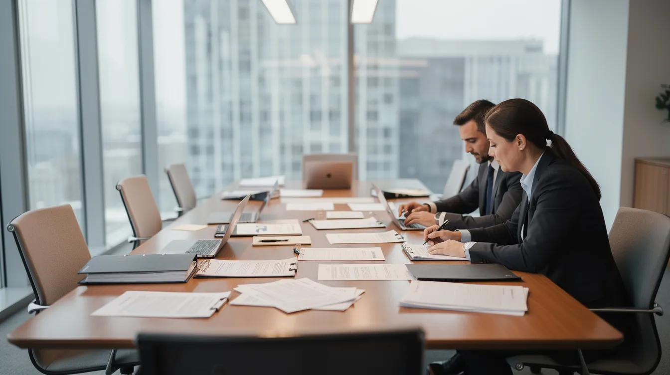 The image depicts a modern office conference room with a wooden table covered in legal documents, where two professionals are engaged in reviewing paperwork. This setting is ideal for discussions on corporate governance matters, such as shareholder agreements and compliance with federal securities laws.