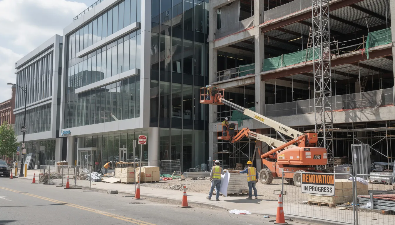 The image depicts construction and renovation work on a commercial building, showcasing workers in hard hats and safety gear actively engaged in various tasks. The scene highlights the importance of commercial hard money loans for real estate investors looking to finance such projects efficiently.
