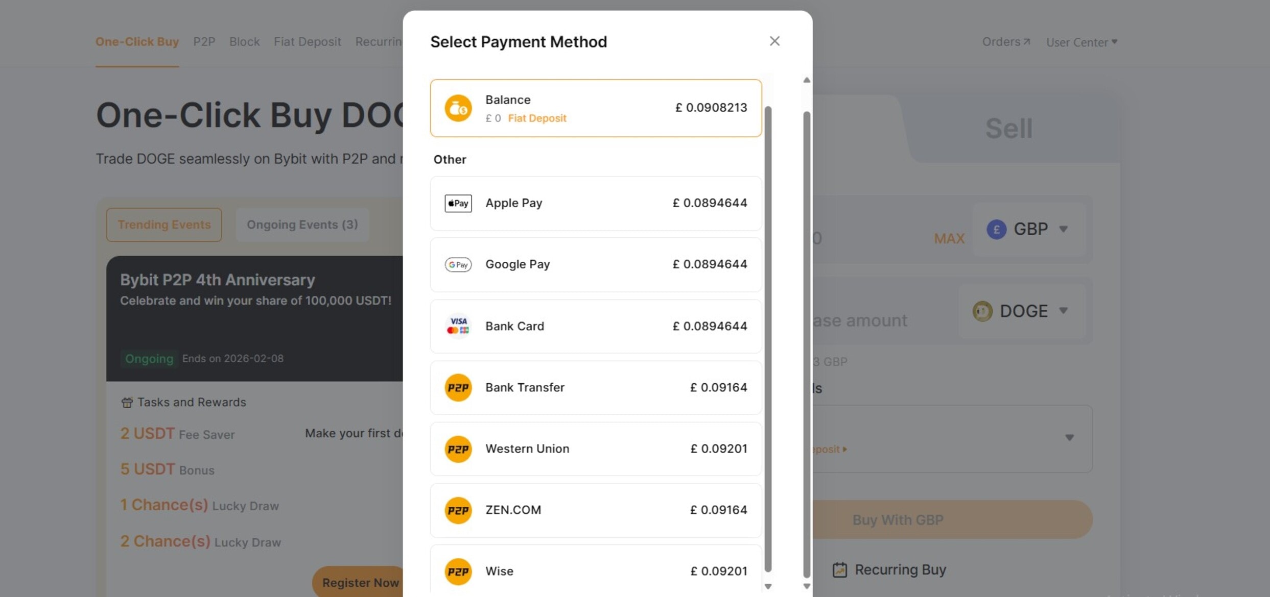 Select a Payment Method to buy DOGE
