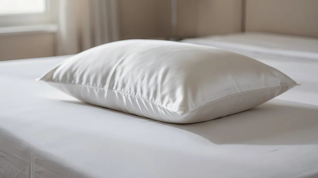 A close-up view of a smooth mulberry silk pillowcase resting on a neatly made bed, showcasing its luxurious texture and sheen. This high-quality silk pillowcase offers benefits such as reduced sleep creases and enhanced hydration for sensitive skin, making it a preferred choice for those seeking a better night's sleep.