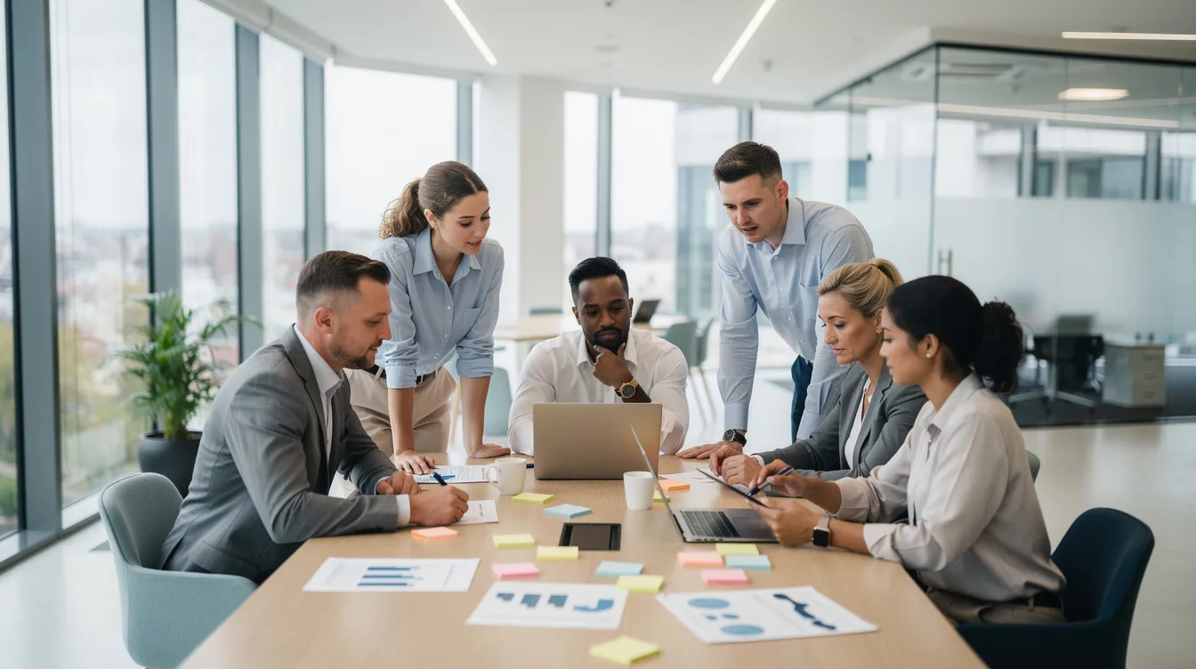 A diverse team collaborates in a modern office environment, discussing strategies to enhance their payroll processes and streamline operations. They focus on utilizing payroll software features to ensure compliance with tax regulations and improve business growth.