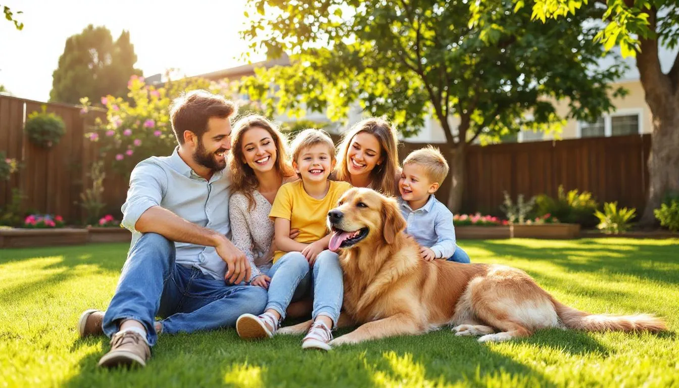 A joyful family of four, including two young children, sits on lush green grass in a sunny backyard, with a friendly golden retriever by their side, showcasing their bond as they enjoy time together. This scene exemplifies the golden retriever as an excellent family dog, known for being good with children and eager to please.