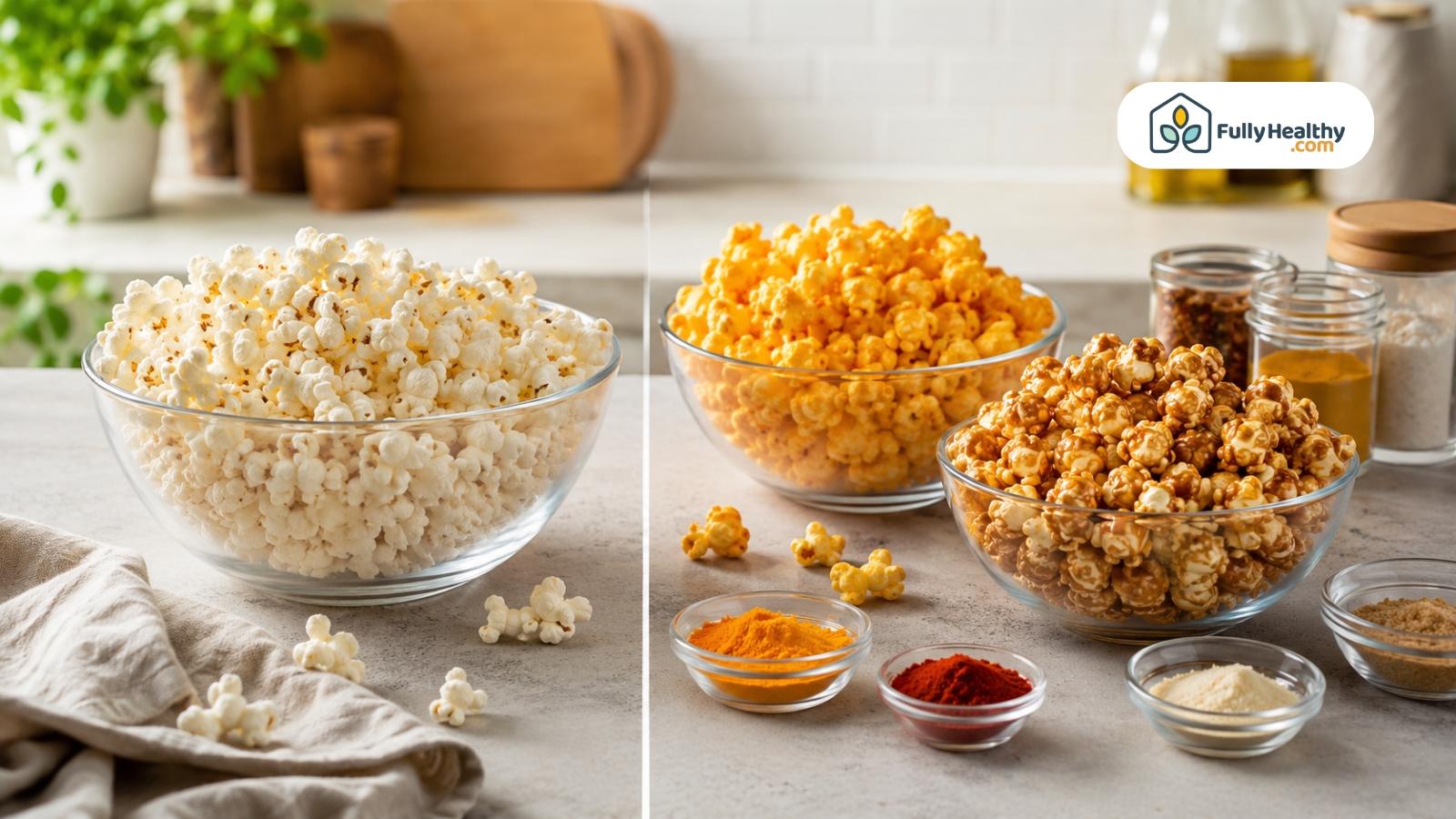 Plain, cheese-flavored, and caramel popcorn displayed in bowls with seasonings nearby