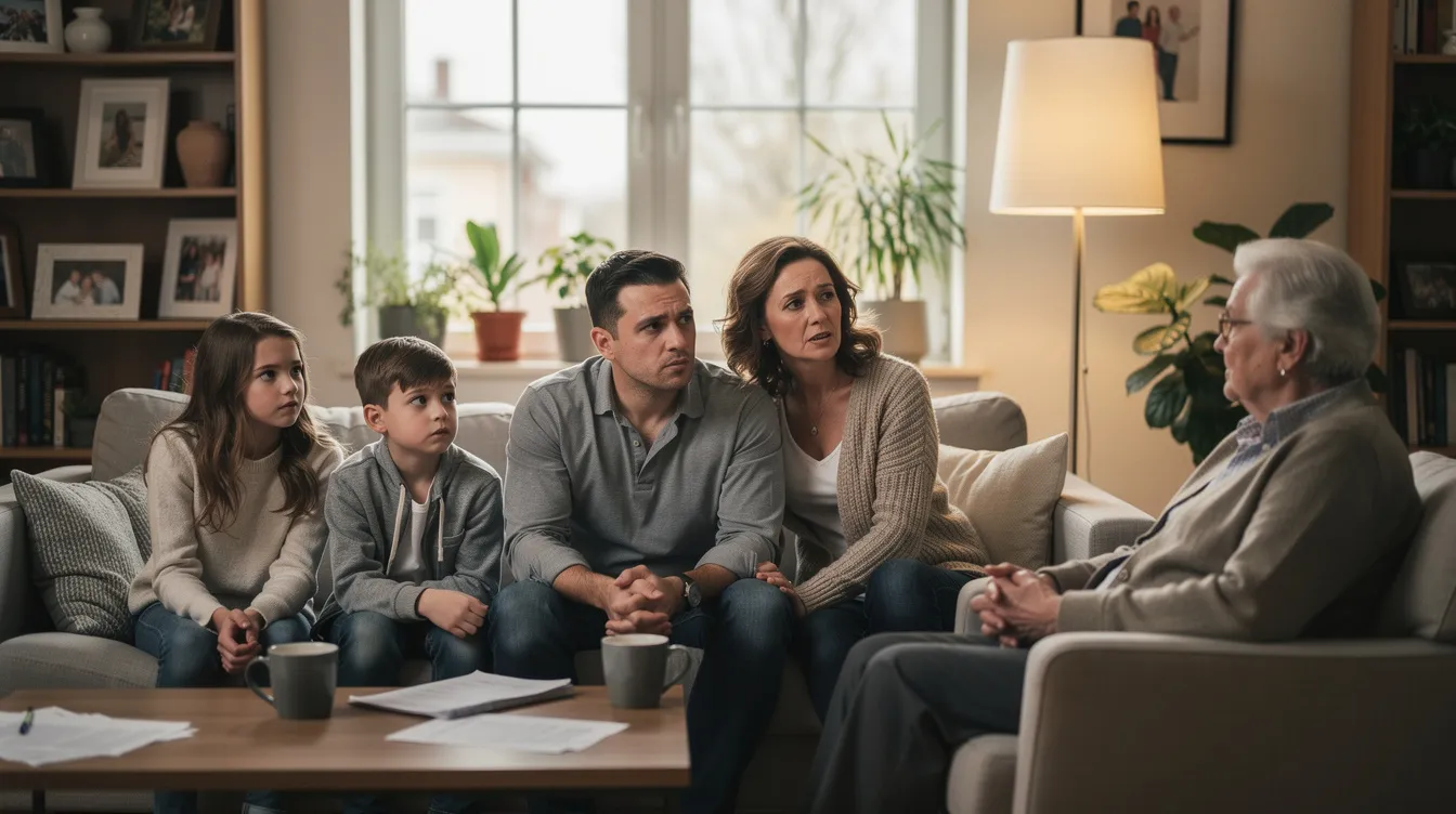 The image depicts a family gathered in a cozy living room, engaged in a serious conversation that suggests they are discussing important matters, possibly related to medical malpractice claims or medical negligence. The atmosphere conveys a sense of concern and support as they navigate a challenging situation together.