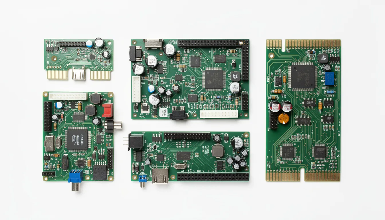 The image features a variety of printed circuit board assemblies (PCBAs) with diverse electronic components and configurations, all neatly arranged on a clean white background. This visual representation highlights the importance of accurate classification and correct HS codes for smooth customs clearance in international trade.