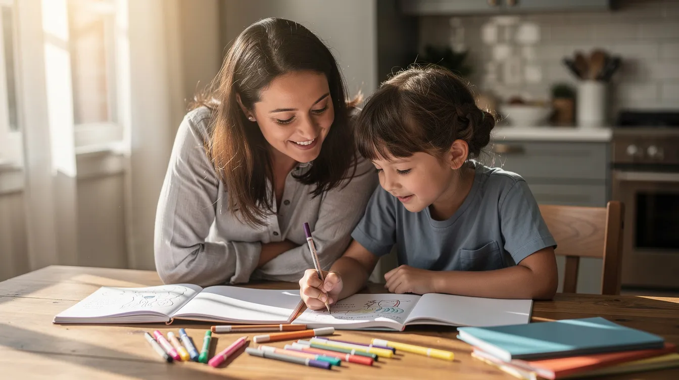 A parent and child are sitting together at a kitchen table, engaged in reviewing schoolwork and notebooks under warm natural lighting. This scene reflects a supportive home environment that fosters educational therapy and cognitive development, essential for enhancing foundational skills and emotional regulation in children.