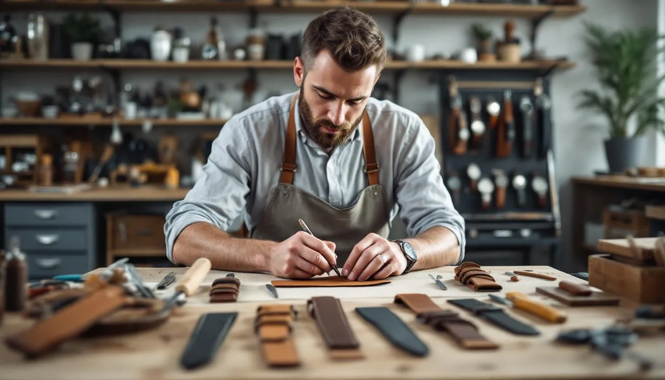 A professional watch craftsman is meticulously working on handmade leather watch straps in a workshop, surrounded by various types of leather, including calfskin and alligator leather. The scene showcases the craftsmanship involved in creating high-quality leather watch straps, highlighting the unique textures and colors of the materials used.