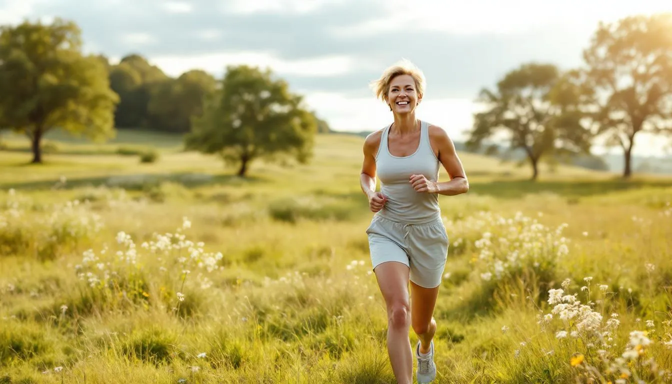 A vibrant woman in her 50s stands in a lush outdoor setting, exuding energy and health, symbolizing the vitality that can be achieved through proper magnesium intake. This image reflects the positive impact of magnesium supplements on managing menopause symptoms and promoting overall well-being in menopausal women.