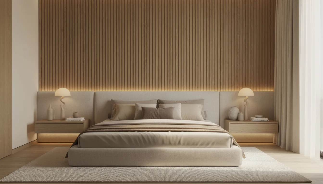 Een luxe slaapkamer met een houten wandpaneel achter het bed, dat zorgt voor een stijlvolle uitstraling. De zachte verlichting en neutrale tinten creëren een warme, uitnodigende sfeer in de ruimte.