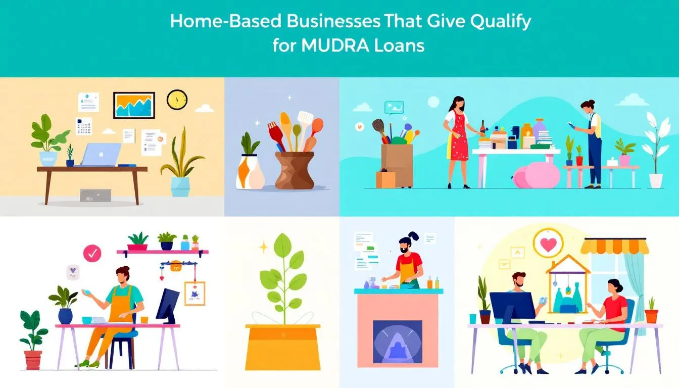 Different types of home-based businesses that qualify for mudra loans, featuring an illustration of various home business setups.