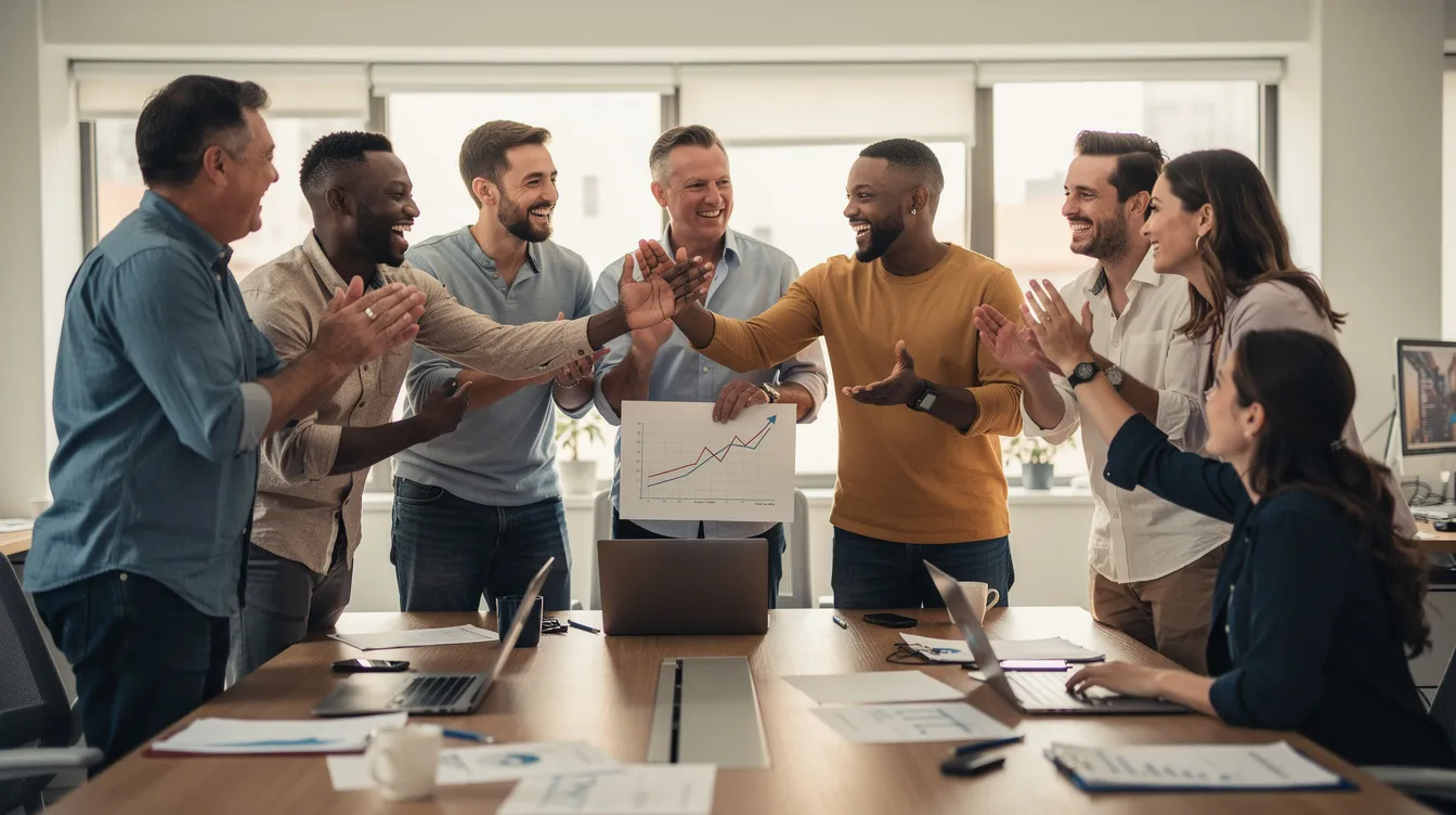 Un groupe de collègues de différentes origines se réunit autour d'un bureau pour célébrer la réussite d'un projet, illustrant ainsi la diversité et l'inclusion au sein de leur environnement de travail. Leur collaboration démontre l'importance d'accepter les différences de chacun pour favoriser la cohésion sociale et le bien-être au travail.