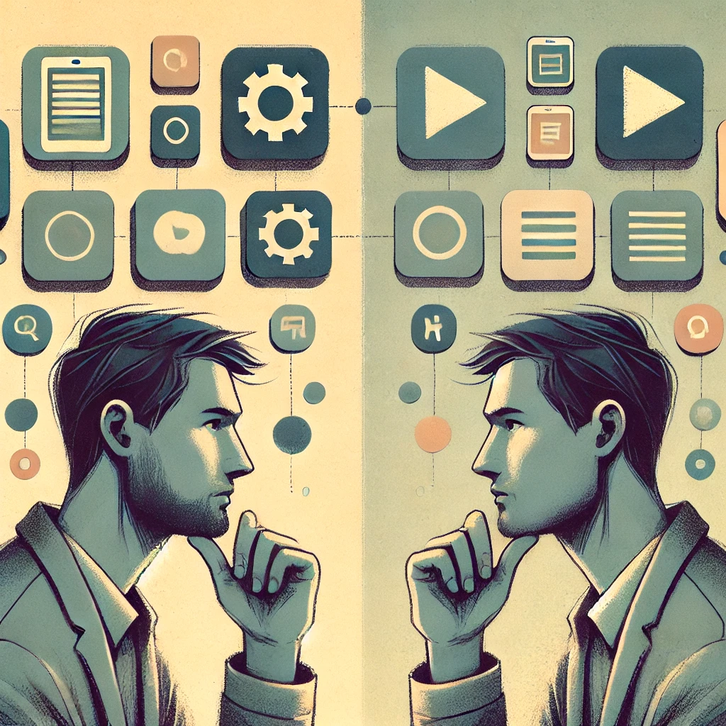 Split screen of two developers thinking illustration 