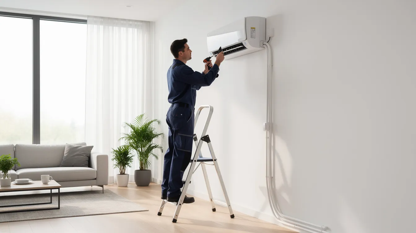 A technician in a work uniform is installing a wall-mounted split system air conditioner in a bright and modern living room, showcasing their professional service and quality workmanship. The room is well-lit, highlighting the technician's skilled abilities as they ensure the air conditioning unit is installed efficiently for optimal cooling.