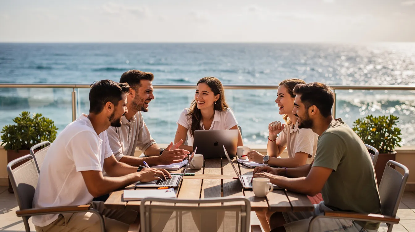Un groupe de jeunes étudiants discute joyeusement sur une terrasse ensoleillée, avec une vue imprenable sur la mer, partageant leurs expériences d'études à Malte. L'ambiance est détendue, reflétant leur motivation et leur enthousiasme pour leur parcours académique.