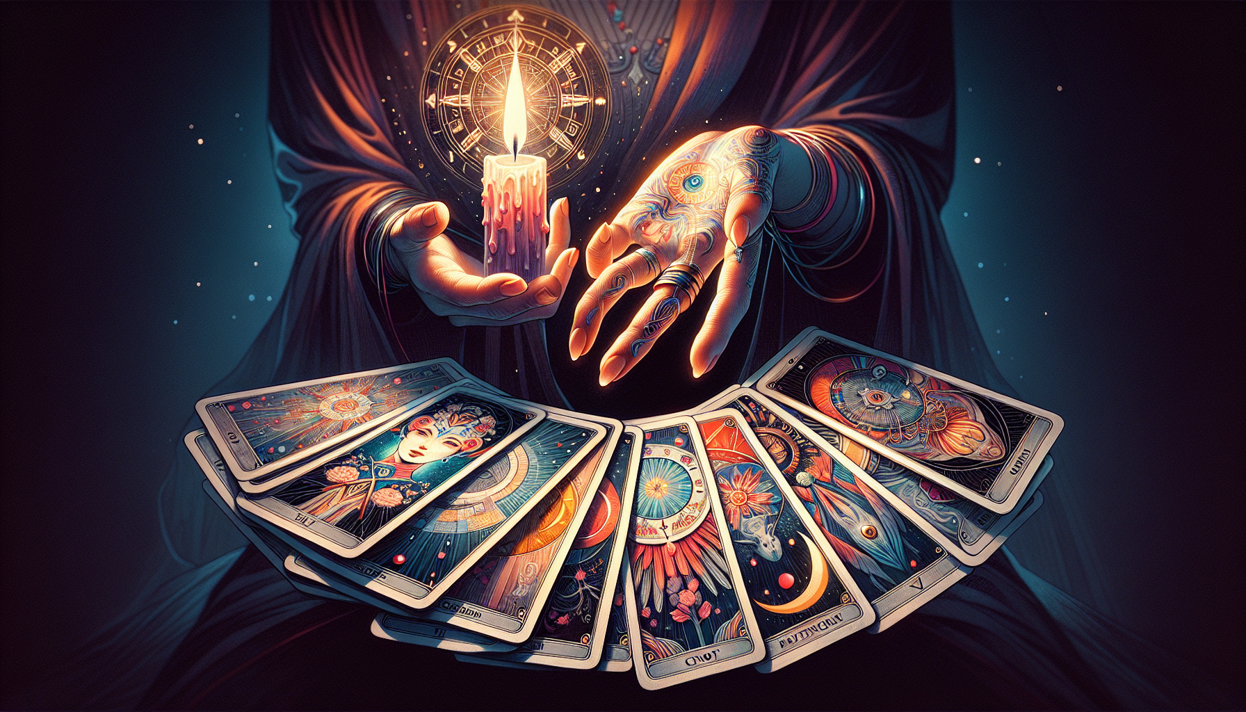 Tarot cards and a person holding a deck