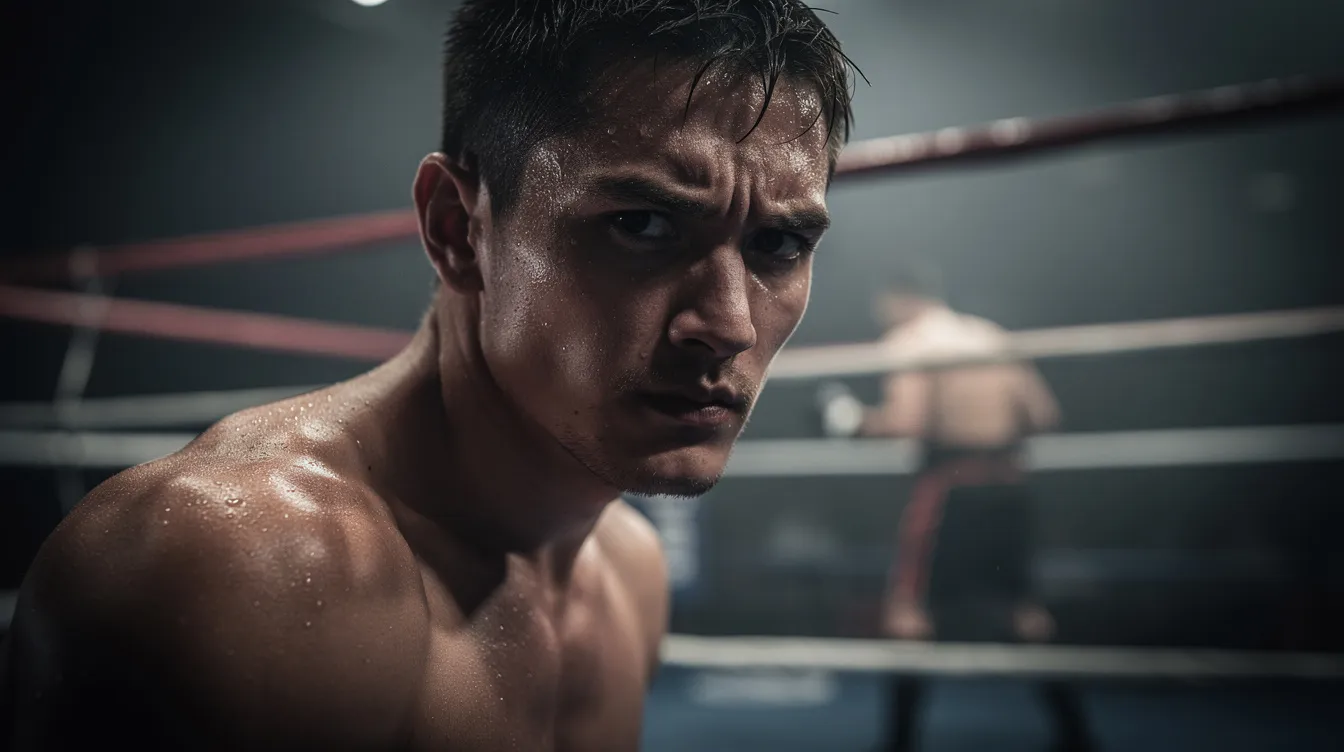Ein Boxer steht im Ring, mit dramatischer Beleuchtung, während Schweiß auf seiner Stirn glänzt. Im Hintergrund ist sein unscharfer Gegner zu sehen, und die Ringseile umrahmen die Szene, die an die Kämpfe von Rocky Balboa erinnert.