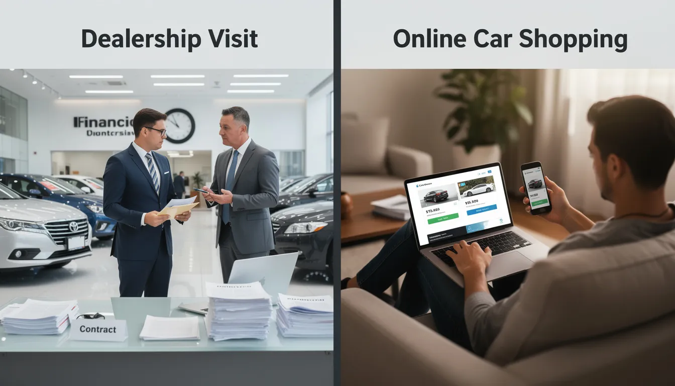 The image features a split screen comparison, illustrating the traditional dealership visit on one side and the online car shopping experience on the other. The left side depicts a busy dealership with salespeople and vehicles, while the right side showcases a user navigating an online platform, highlighting the convenience of the online car buying process, including features like vehicle history reports and financing options.