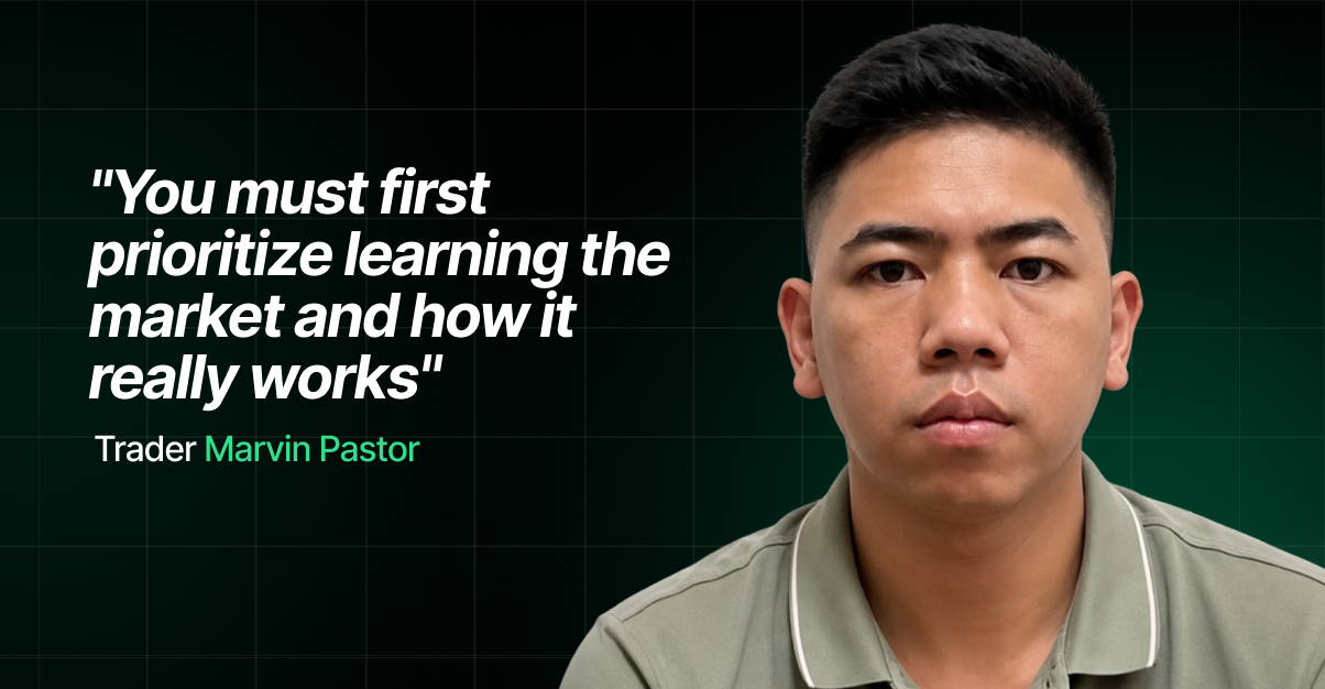 Trader quote graphic on a dark green background with a faint grid pattern. A cutout portrait of a young male trader in an olive polo shirt fills the right side of the frame, looking directly at the camera. Bold white italic text on the left reads "You must first prioritize learning the market and how it really works", with an attribution below in white and mint green reading "Trader Marvin Pastor".