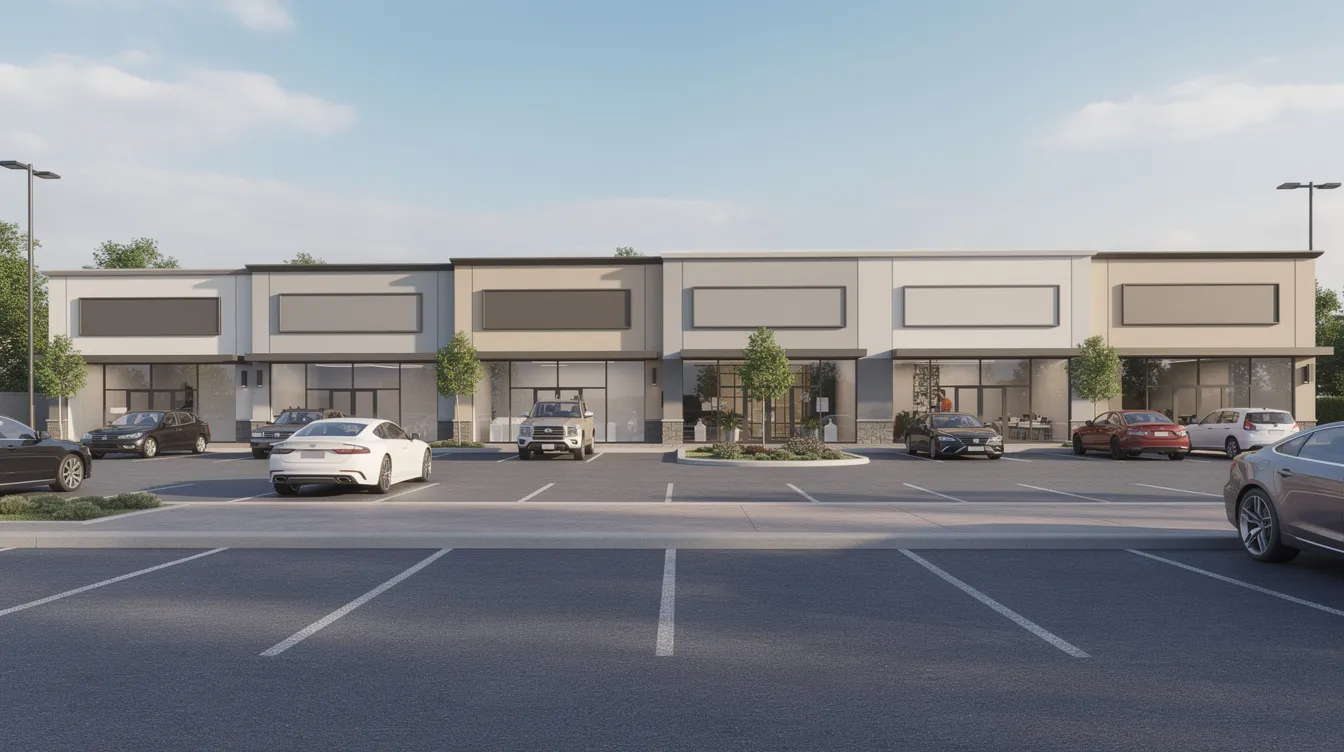 The image depicts a strip mall with no visible signs, showcasing a series of empty storefronts. This scene may represent opportunities for real estate investors to consider potential rental properties and explore tax strategies like cost segregation for maximizing cash flow and tax benefits.