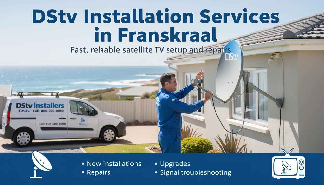 The image depicts a professional DStv installation service in Franskraal, showcasing skilled technicians setting up a satellite dish for optimal signal reception. The scene highlights the installation process, emphasizing the importance of expert assistance for a reliable entertainment system.