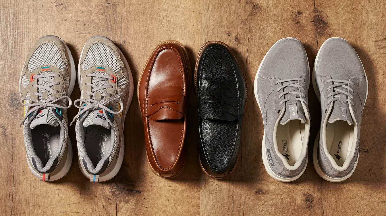 The image showcases a variety of athletic sneakers, leather loafers, and comfort shoes neatly arranged on a wooden surface, highlighting a wide selection of styles suitable for casual wear and formal events. This assortment reflects the latest trends in specialized footwear, ideal for an online store focused on dropshipping high-quality products at discounted prices.