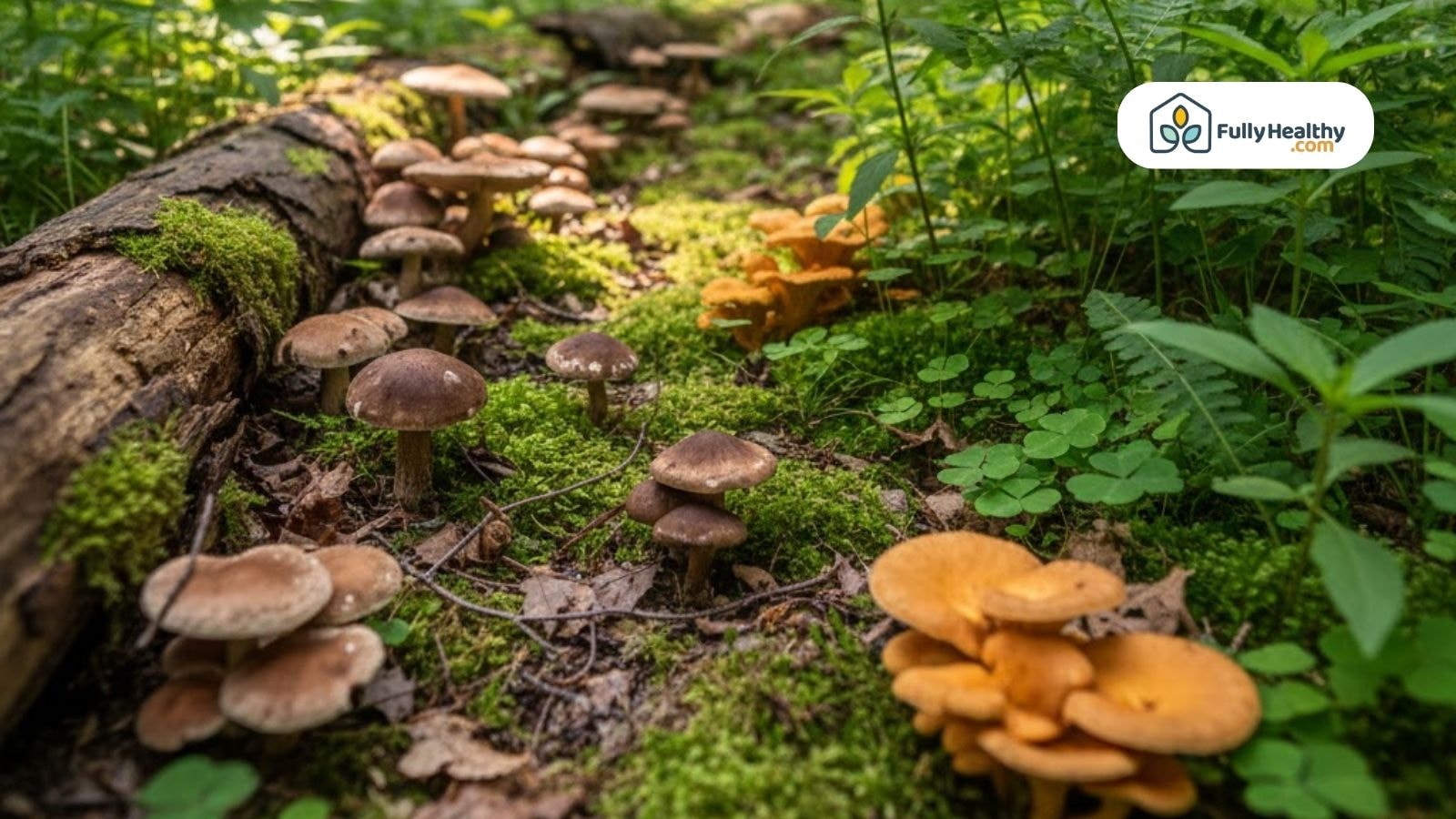 Wild mushrooms growing on a forest floor near moss and plants.