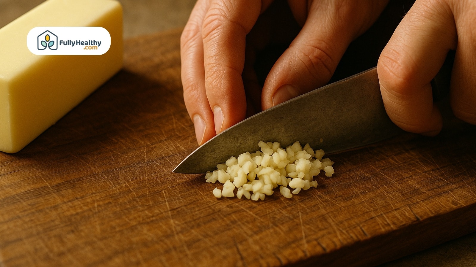 Hands finely chopping garlic with knife on wooden cutting board