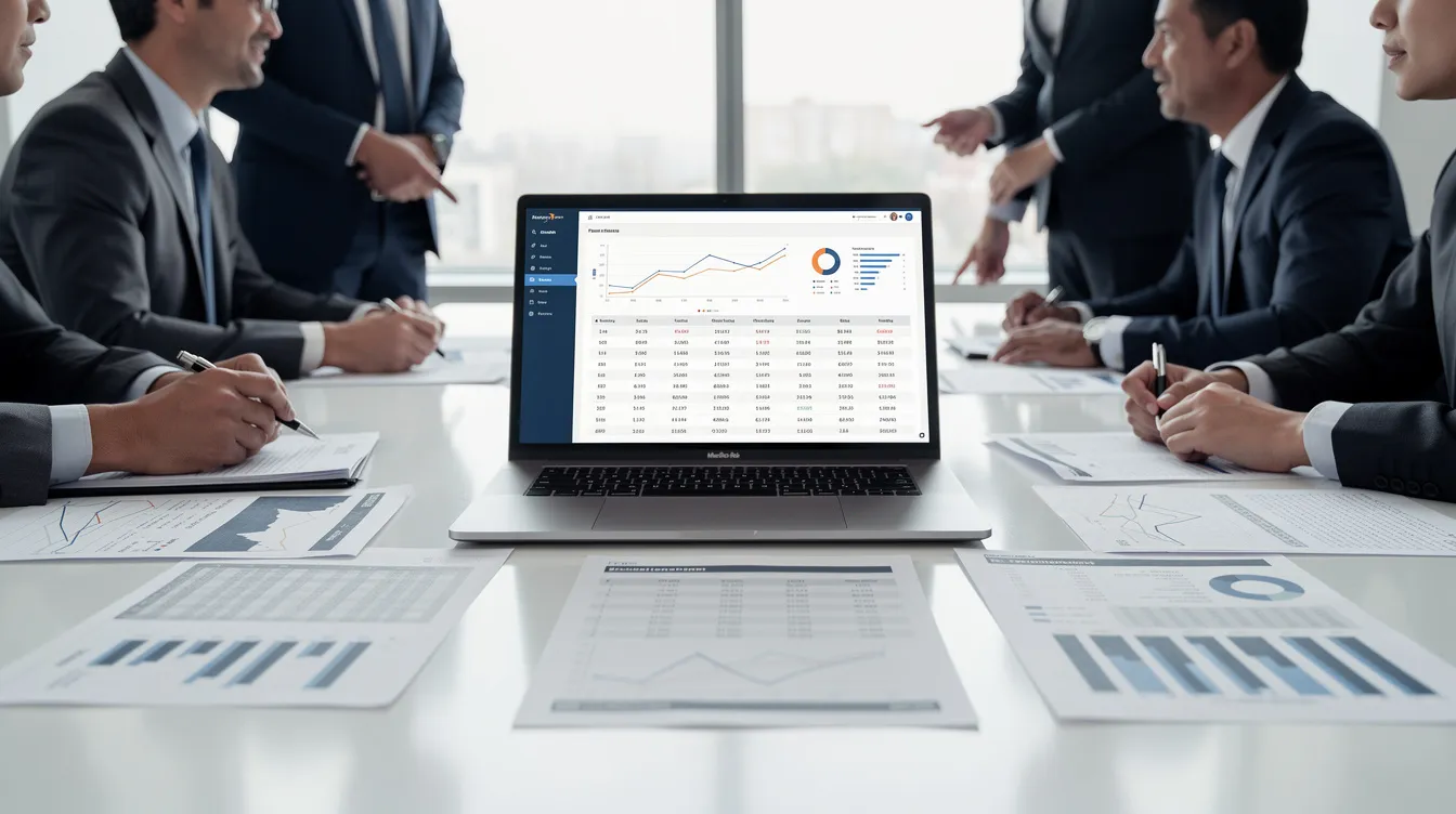 The image depicts a professional meeting setting with financial documents spread across a table, alongside a laptop displaying a detailed project analysis related to a protein beverage manufacturing plant. The scene conveys a focus on key factors such as raw material costs, production processes, and quality control in the dairy industry.