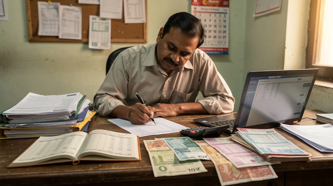 89544cc1 5cff 41e5 b9d7 45064f1cb0c8 A small business owner in India is seated at a desk, carefully reviewing financial documents and bank statements, reflecting on their satisfactory credit track record and previous loans. This scene highlights the importance of financial assistance from various financial institutions, including small finance banks and lending institutions, for micro and small enterprises seeking to expand their operations.