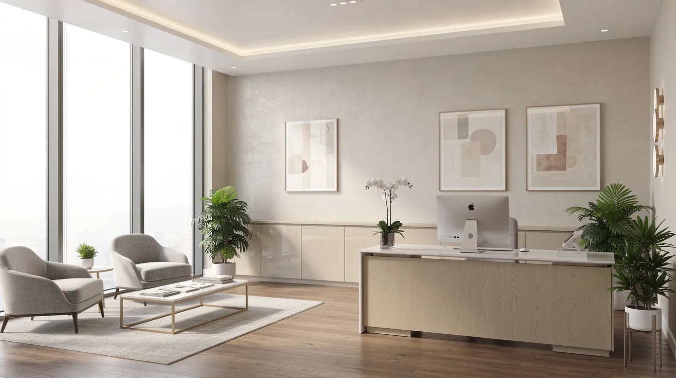 The image depicts a modern plastic surgery consultation room featuring clean lines and ample natural light, designed for patient comfort with stylish seating. This inviting space reflects the expertise of board certified plastic surgeons, offering a serene environment for discussing various cosmetic procedures such as breast augmentation and body contouring.