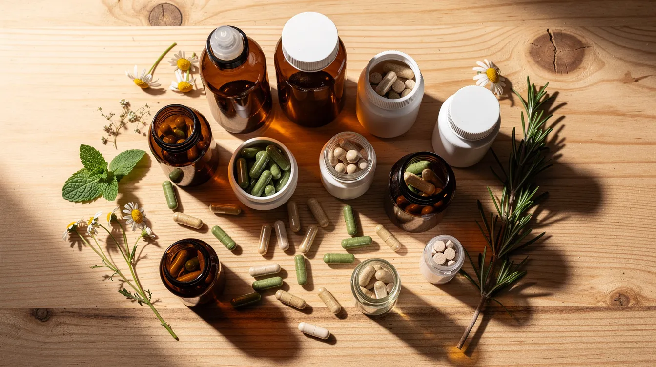 The image features an assortment of herbal supplements and botanical capsules, meticulously arranged on a natural wooden surface, highlighting various ingredients that are commonly associated with improving sexual function and female libido enhancement. This visually appealing display may include items like ginkgo biloba and Korean red ginseng, which are often used in natural formulas aimed at enhancing sexual health and relieving menopause symptoms.