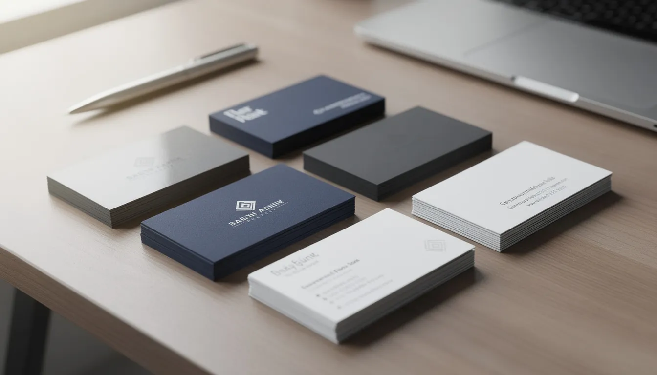 A collection of professional business cards in various finishes is thoughtfully arranged on a desk, showcasing stunning designs and color variations that reflect brand identity. This image highlights the versatility of custom business card designs, perfect for small business owners looking to create their own unique business cards.